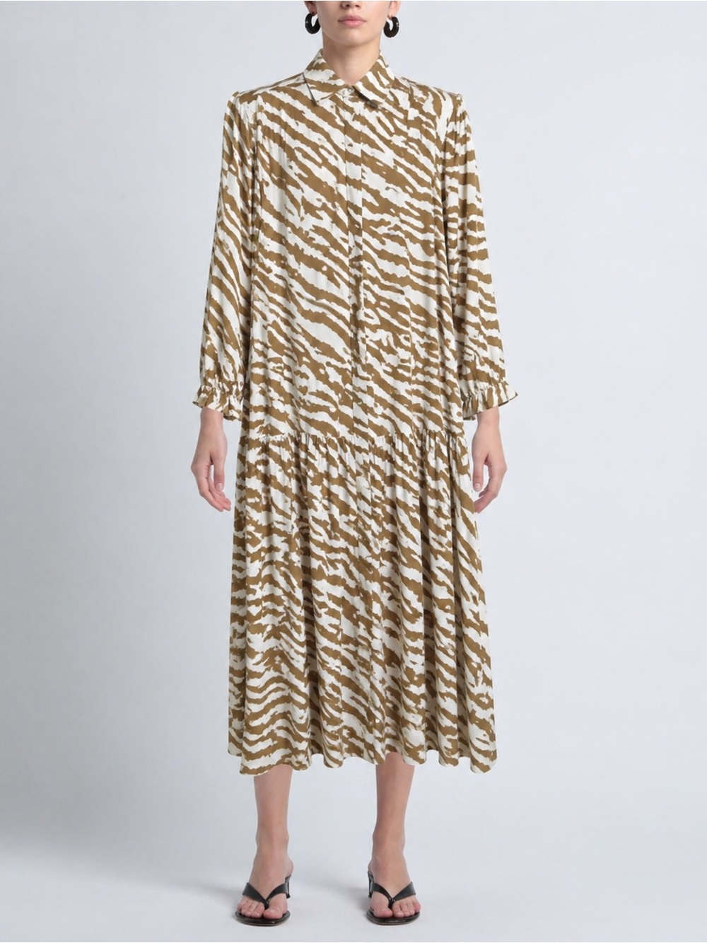 Neutral Animal-Print Midi Shirt Dress